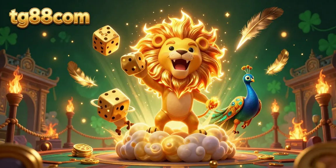 Experience the thrill at tg88com with a vibrant casino scene featuring a roaring lion, golden dice, and dynamic elements.