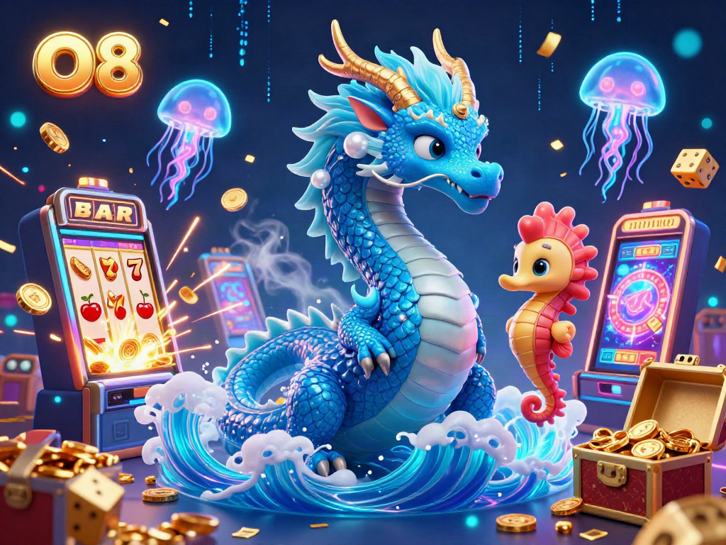 Experience thrilling wins with O8 in this vibrant 3D casino scene dedicated to jackpots and gaming fun.