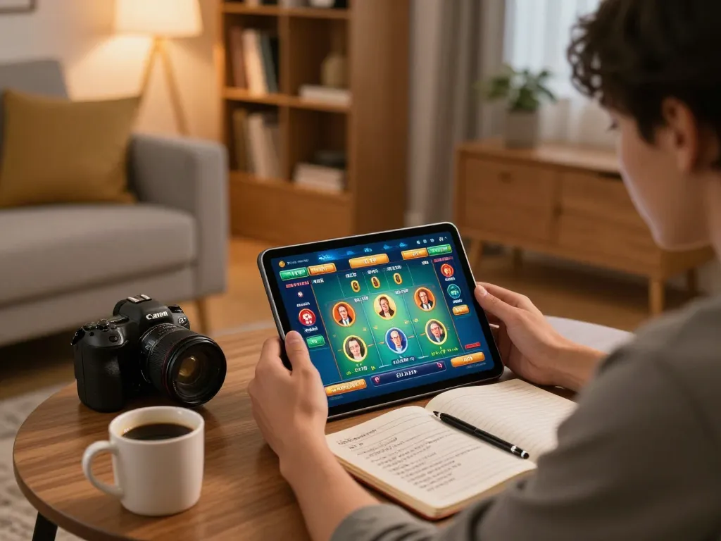 Engaging in tài xỉu online with a tablet in a cozy home, showcasing strategy and fun.