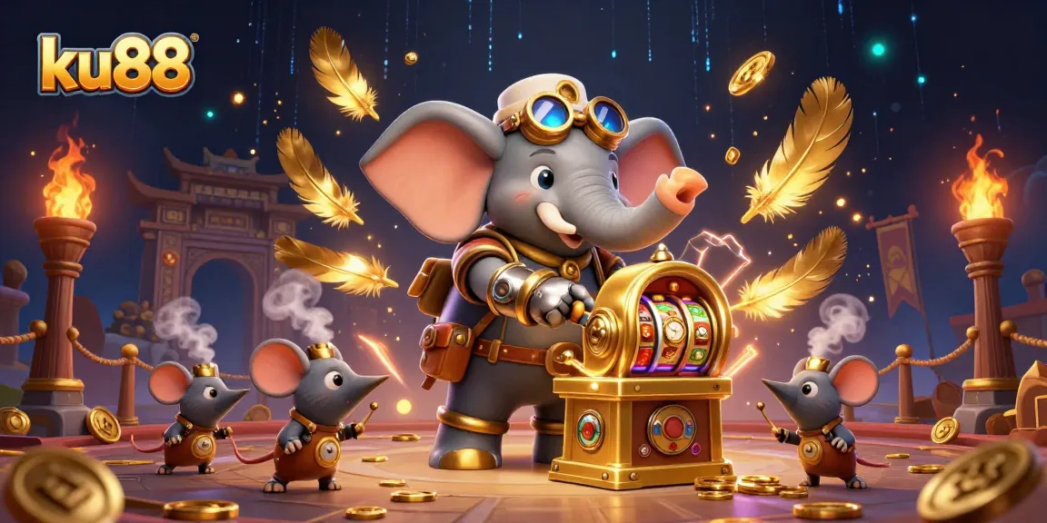 Experience the excitement at ku88 with vibrant steampunk casino scene featuring unique characters and slot machine action.