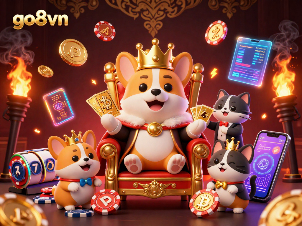 Experience the thrill at go8vn with a royal corgi winning in a vibrant casino scene.