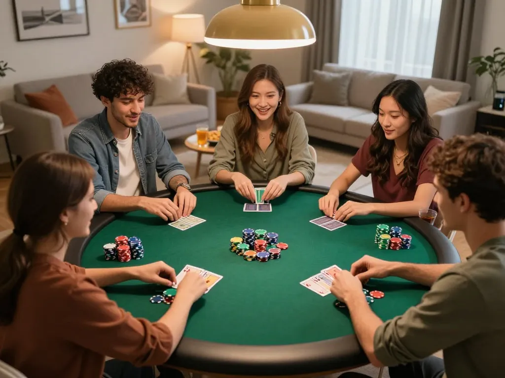 Group of friends enjoying a poker game at home, with players engaged at the table and f168 branding visible.