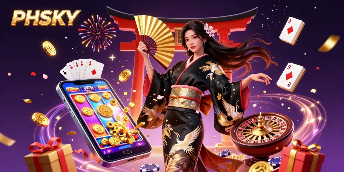 PHSKY offers engaging casino experiences with dynamic visuals of a stylish Asian woman amidst vibrant games and celebrations.