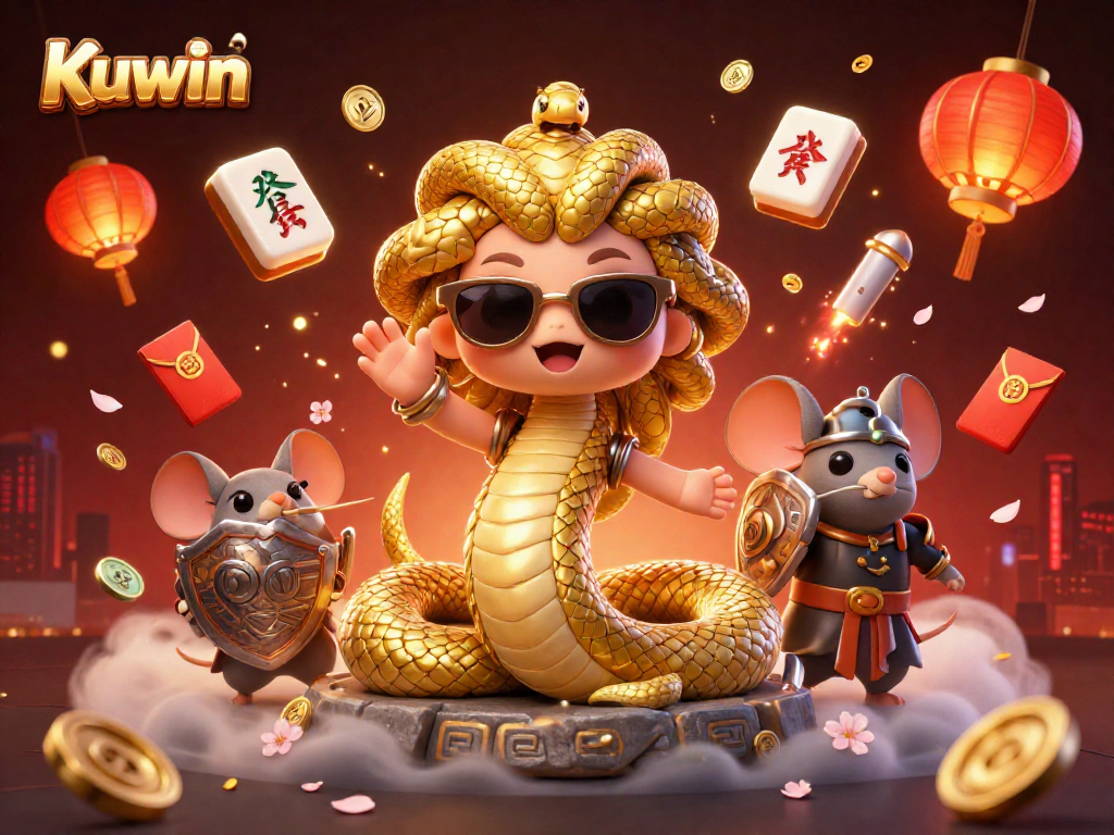 Win at Kuwin with exciting games showcased in a vibrant 3D casino illustration.