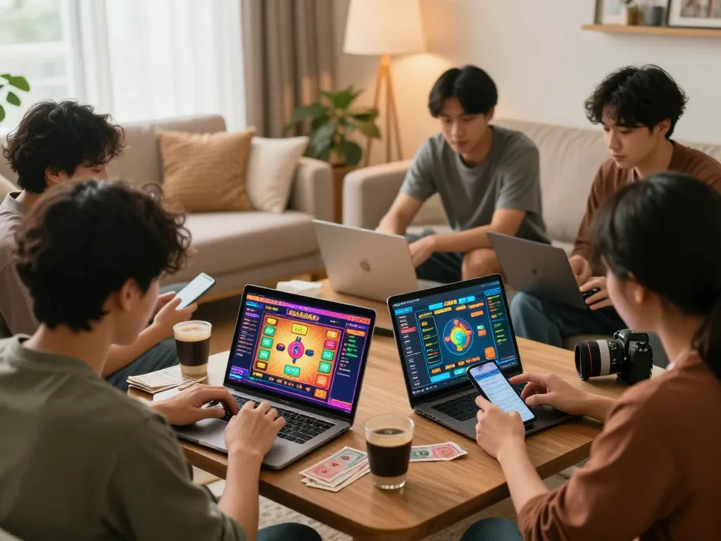 Engaged players enjoying lô đề online in a cozy setting with digital devices and vibrant graphics.