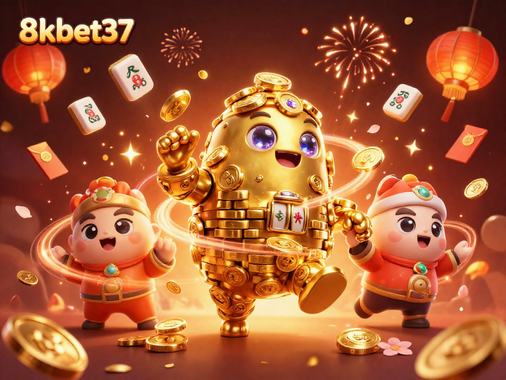 Engage in exciting gaming at 8kbet37 with a vibrant 3D casino scene featuring ancient golden golem and slot symbols.