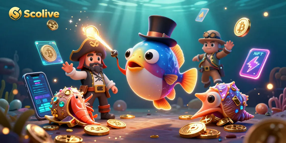 Socolive showcases a vibrant underwater scene with a deep-sea anglerfish attracting golden coins, emphasizing cryptocurrency gaming.