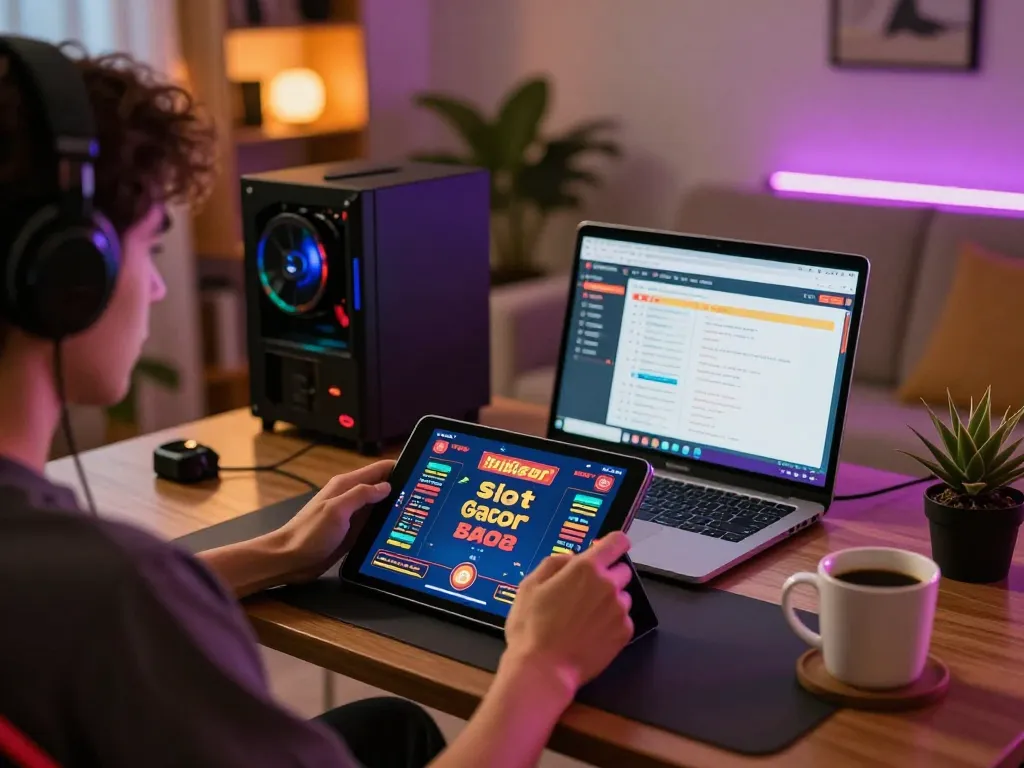 Permainan Slot Gacor yang menarik di tablet dalam pengaturan bermain di rumah yang nyaman, menampilkan elemen-elemen cerah.