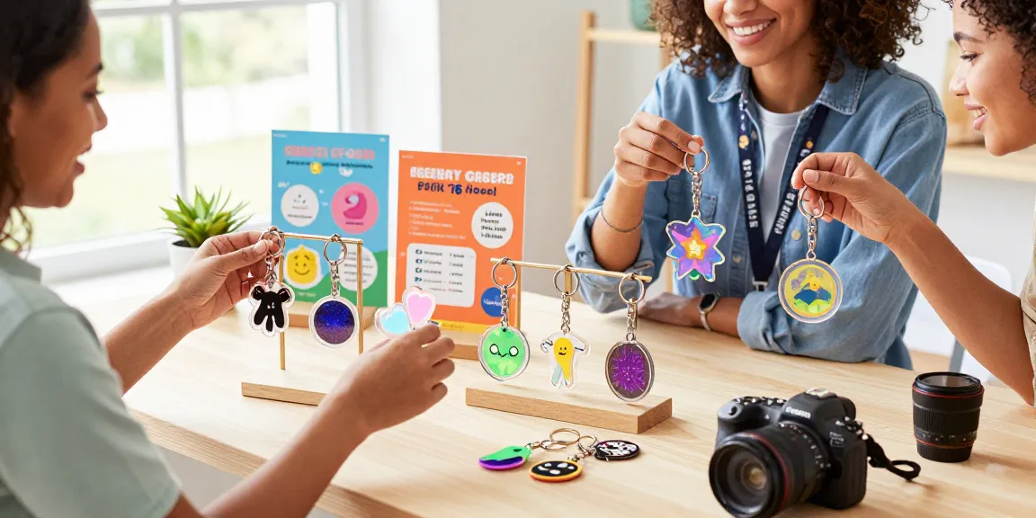 Customer exploring a vibrant display of custom keychains, highlighting unique styles and designs.