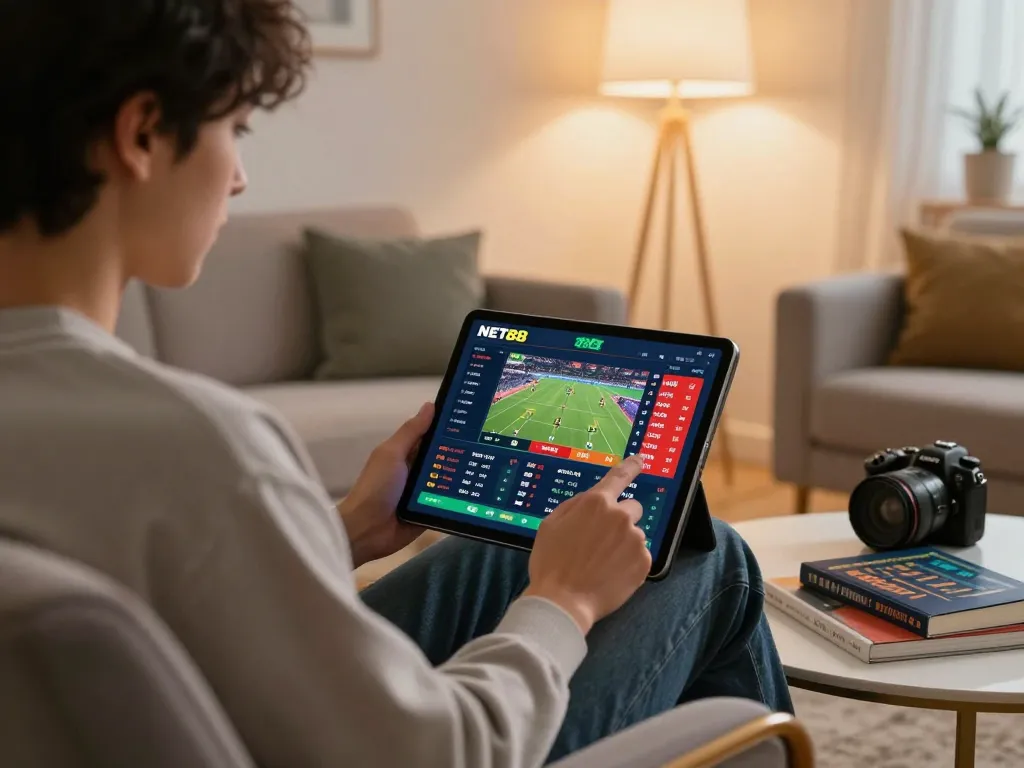 Engaged gambler checking sports odds on NET88 app in stylish home setting.