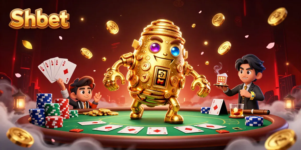 Experience Shbet with an ancient golden golem and vibrant casino elements in 3D.