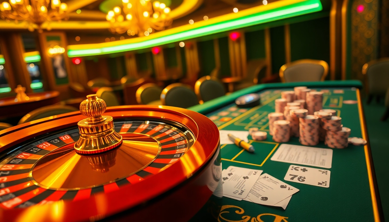 Experience thrilling online gambling at https://cakhia04.tv with an elegant casino scene featuring roulette and poker elements.