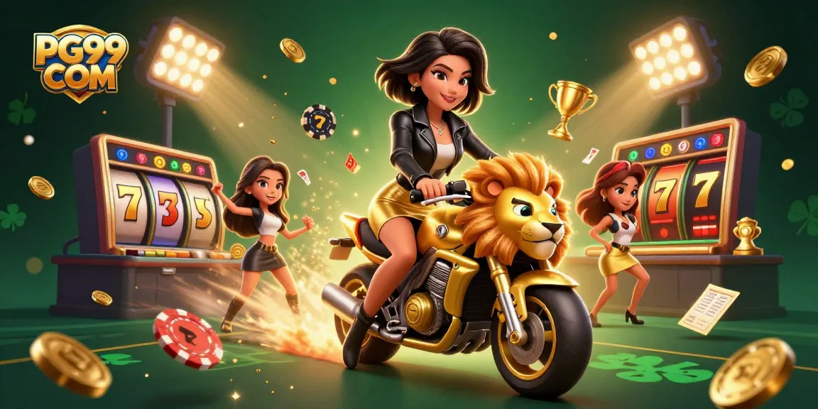 Experience thrilling action with PG99 COM as an Asian woman rides a golden lion mascot in a lively casino scene.