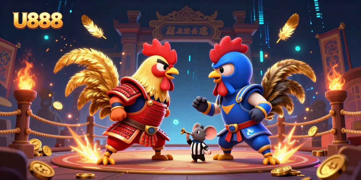 Experience thrilling action at U888 with dramatic roosters in a vibrant casino showdown.