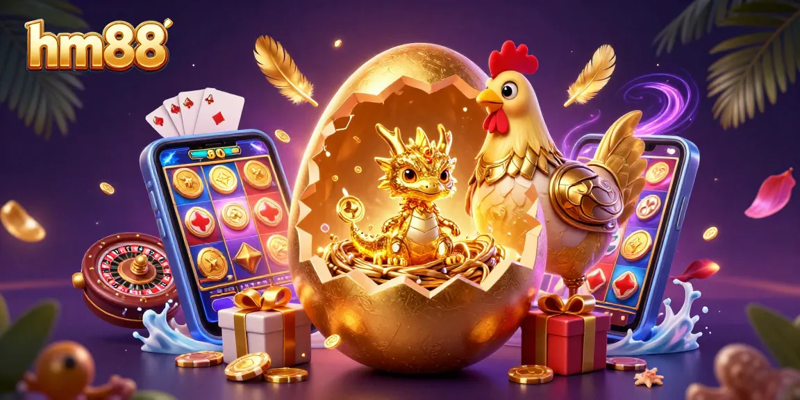 Engage with hm88's vibrant casino world featuring stunning gold dragon and dynamic gaming elements.