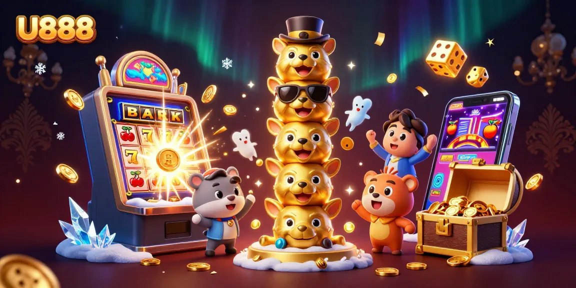 Engage with U888's vibrant casino adventure showcasing animated totem, slot machines, and dazzling effects.