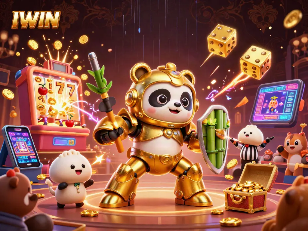 Join the IWIN jackpot excitement with a golden panda in a vibrant 3D casino scene.