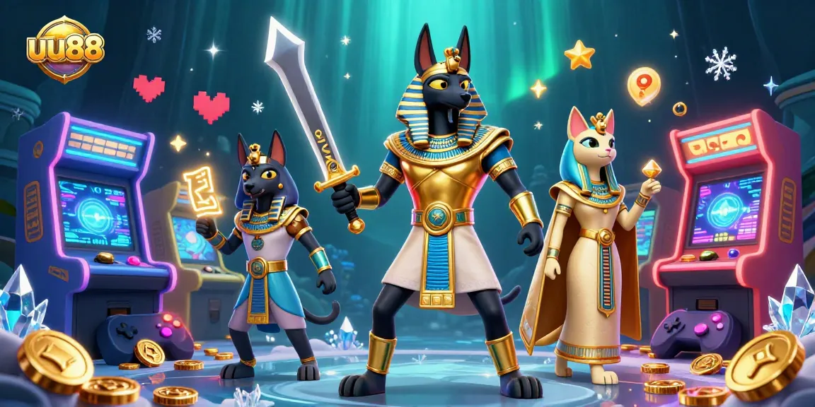 Experience thrilling moments at uu88 with ancient Egyptian characters amid vibrant casino elements.