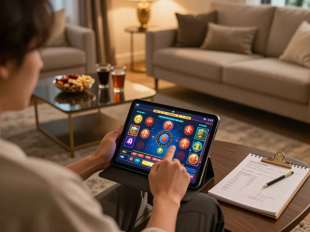Person enjoying online gaming on tablet with kuwin 2 casino interface in a cozy home setting