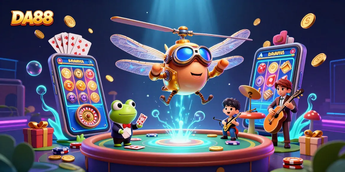 DA88 players engaging in thrilling card games at a lily pad casino with vibrant 3D elements.