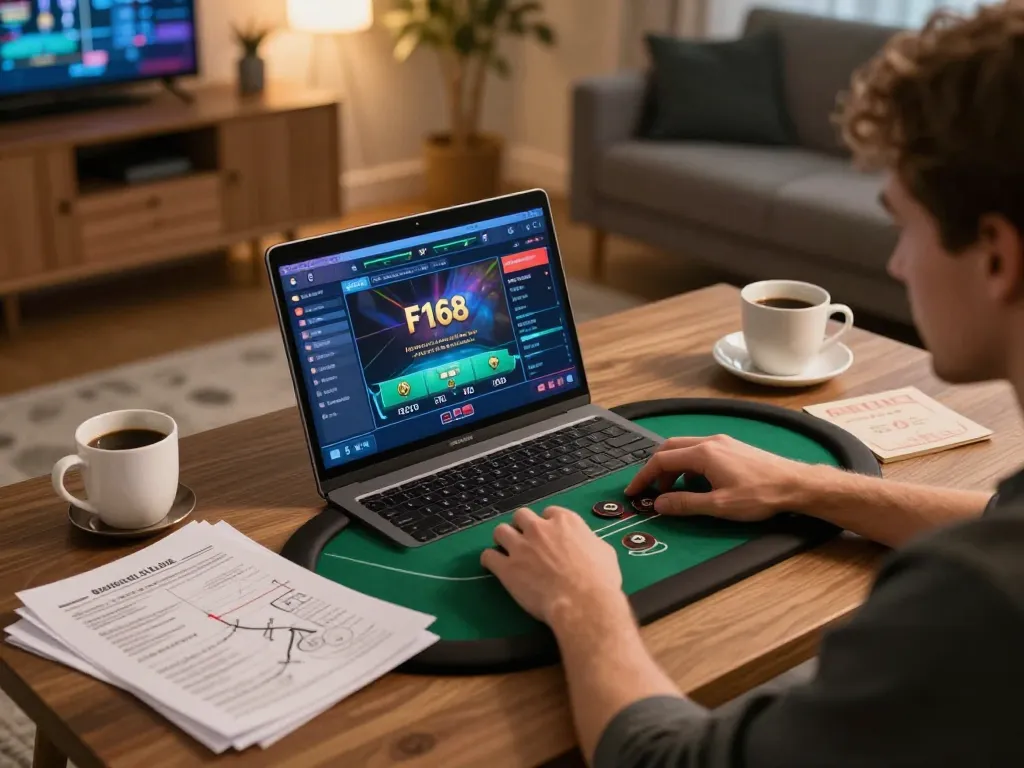 Player enjoying F168 poker game on laptop while strategizing with notes.