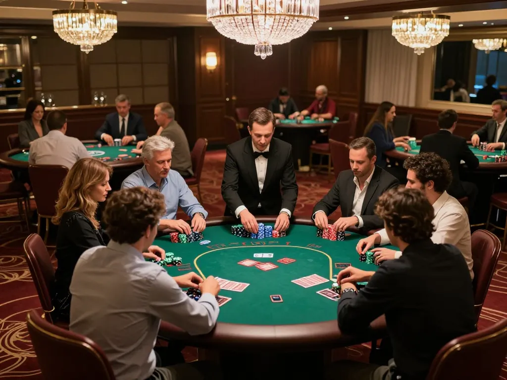 Players engaging in strategic high-stakes poker at VIP79's luxurious casino tables.