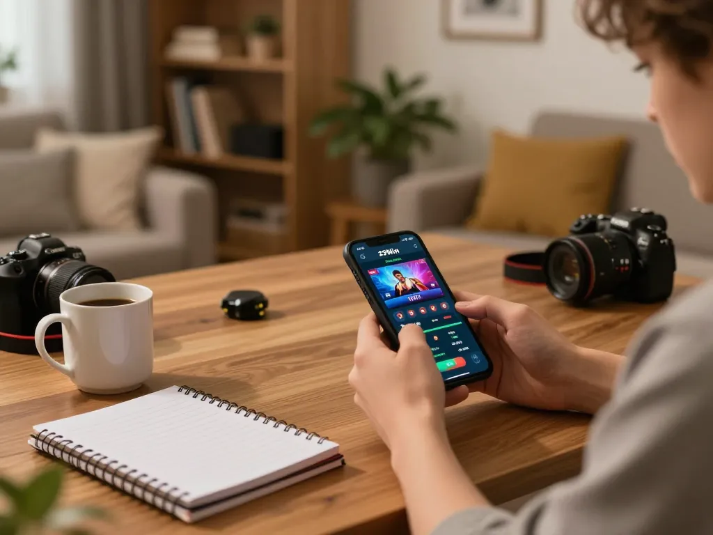 Person engaging with the 23Win casino app on a smartphone in a cozy home environment, showcasing responsible gaming.