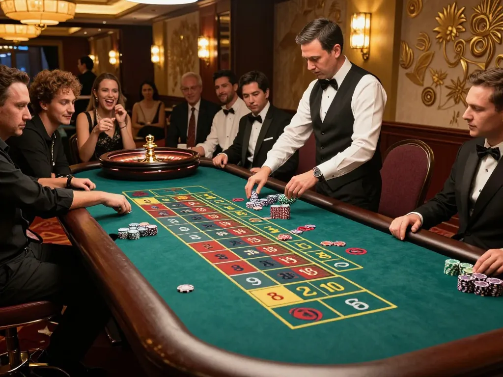 Sunwingo players engaging at a roulette table in a luxurious casino setting.