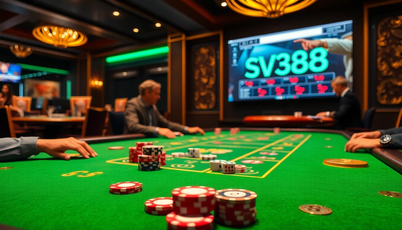 Experience the excitement of SV388 betting at a luxurious casino with players strategizing.