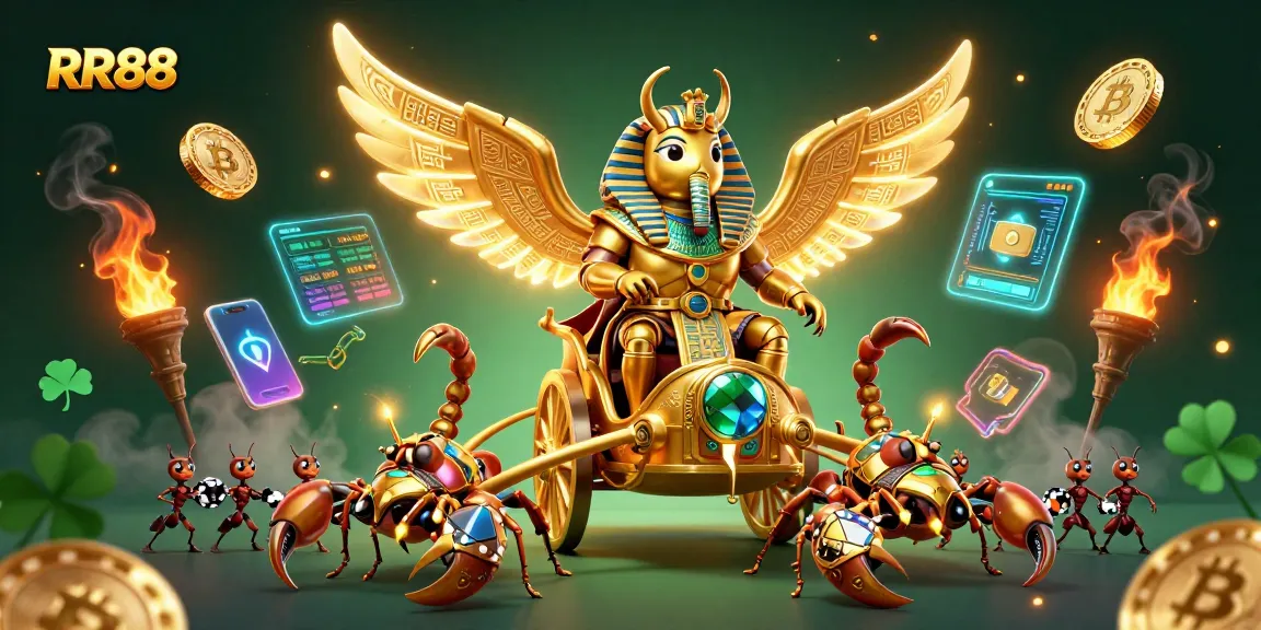 Engage with RR88's unique 3D casino universe featuring golden beetles, scorpions, and crypto elements.