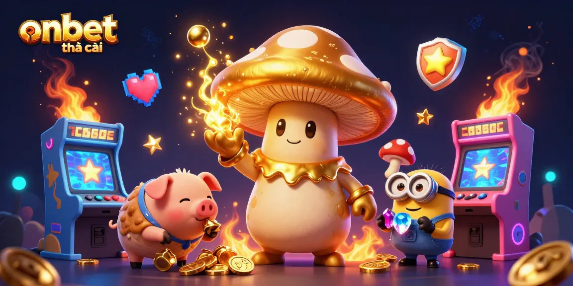 Experience the magic of onbet nhà cái with golden treasures and animated game elements in this vibrant digital art.