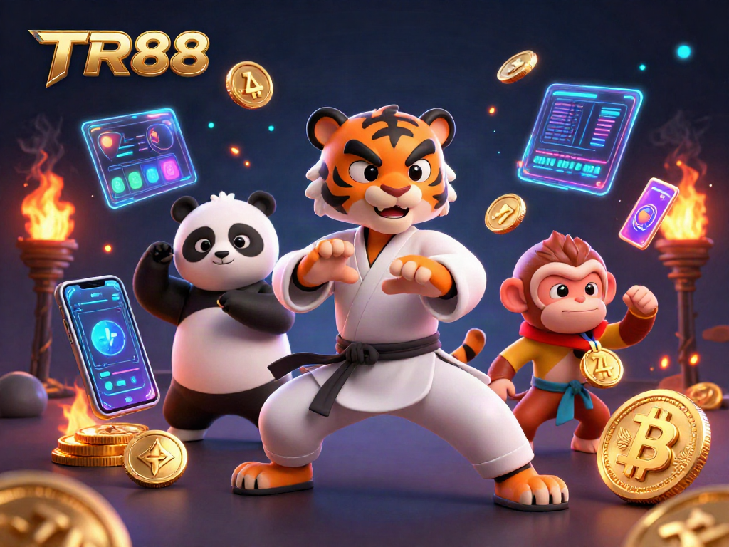 Experience the exciting world of TR88 with a vibrant 3D casino scene featuring a kung fu tiger master and crypto elements.