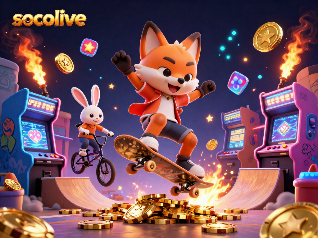 Socolive offers an exciting atmosphere with a skateboarder fox and BMX rabbit performing stunts among vibrant casino symbols and arcade elements.