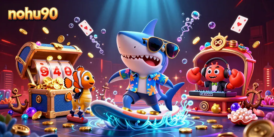 Join the thrilling nohu90 action with a shark surfing on gold coins in a vibrant casino underwater scene.