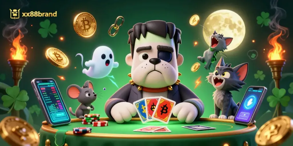 Vibrant 3D casino scene with xx88brand characters engaging in card play and crypto-themed elements.