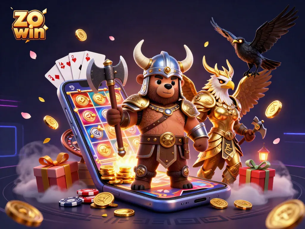 Play thrilling games at zo win, a vibrant casino scene with dynamic characters and rich game elements.