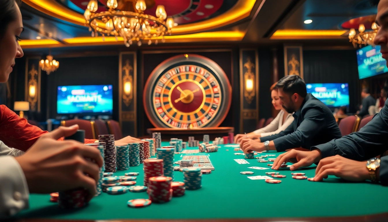 Experience high-stakes poker action at https://good88v.net/ with vibrant chips and glimmering roulette wheels.