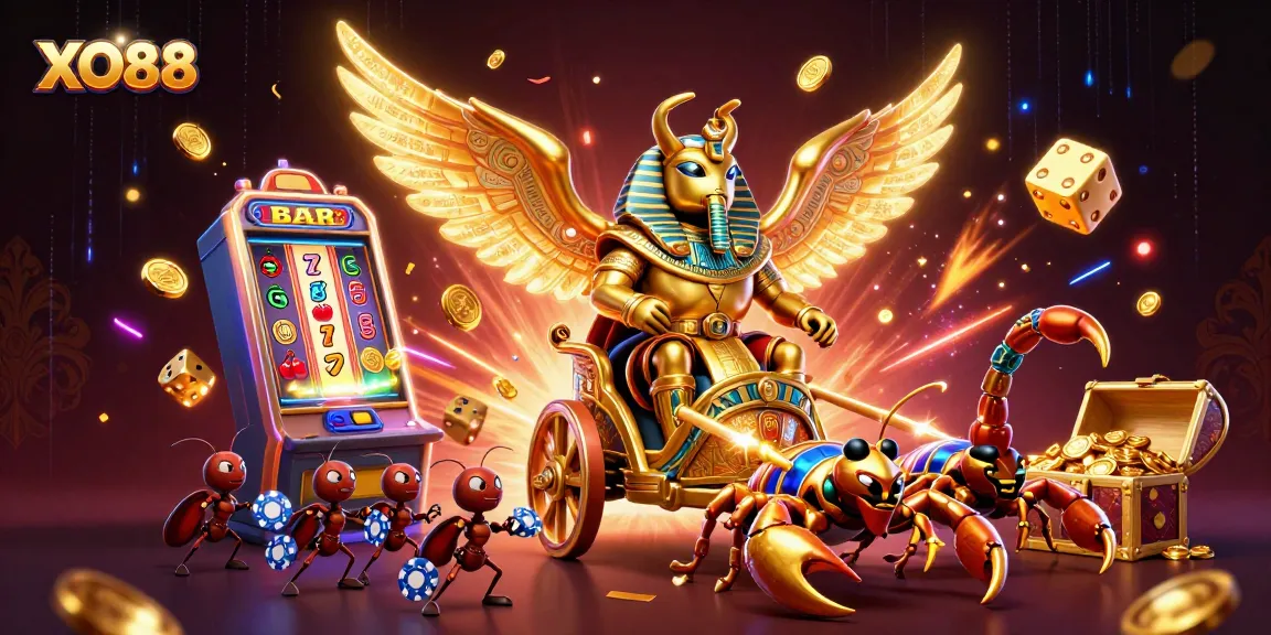 Engage with XO88 in a vibrant online casino scene featuring a colossal scarab beetle and jackpot elements.