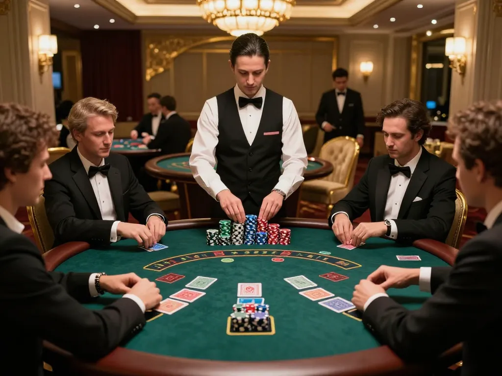 Players engaging in strategic blackjack game at DA88 high-stakes table, luxurious casino atmosphere.