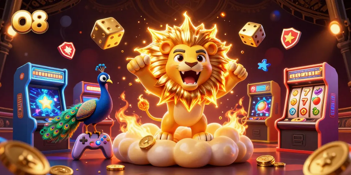 Experience excitement with O8 in a vibrant 3D casino scene featuring slot reels and dice.
