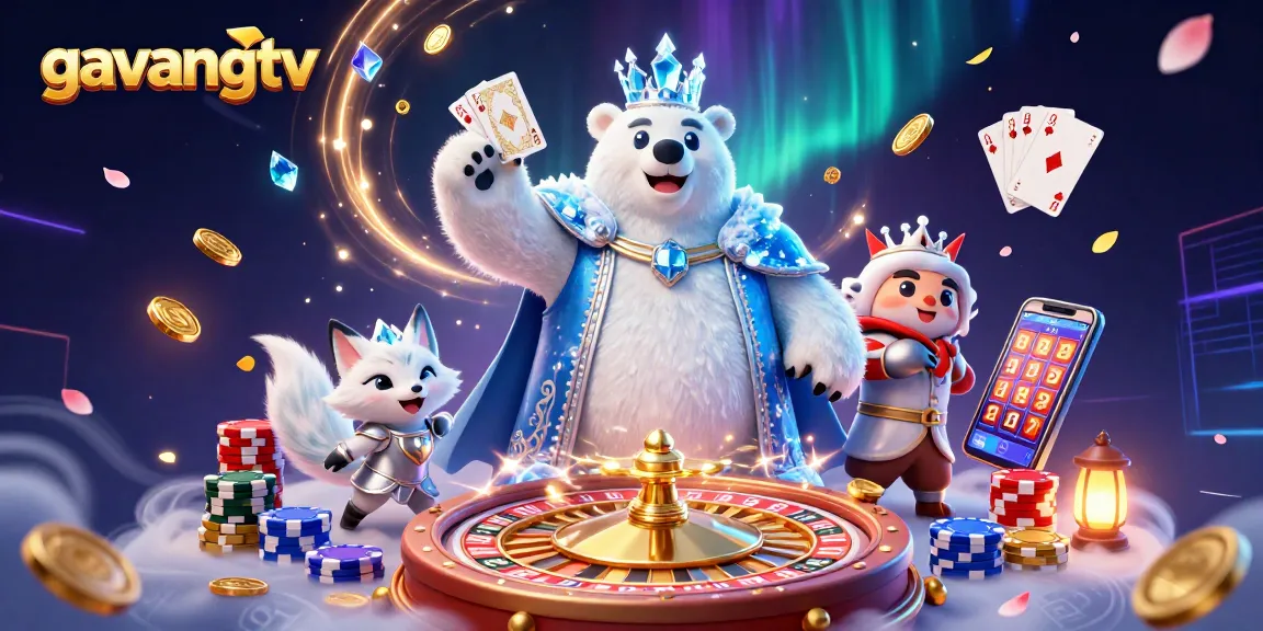 Gavangtv brings excitement with a vibrant 3D casino scene featuring a polar bear and snow fox character.