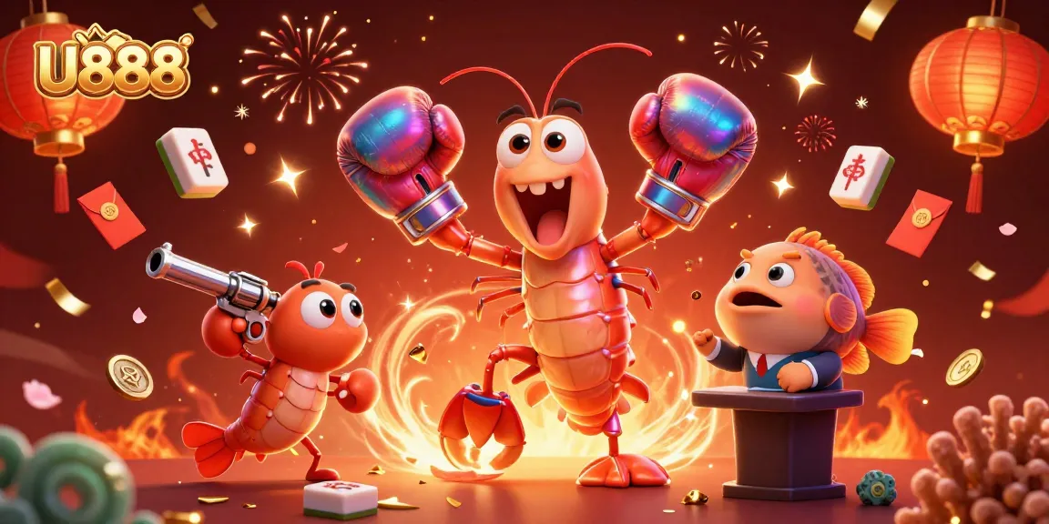 Join the excitement with U888 as vibrant characters celebrate gaming victories surrounded by colorful casino elements.