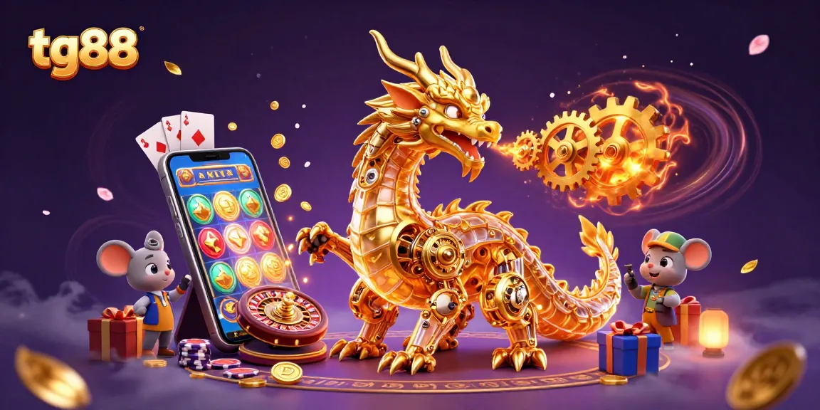 Tg88 showcases a dynamic scene with a biomechanical dragon, slot games, and rich casino elements.