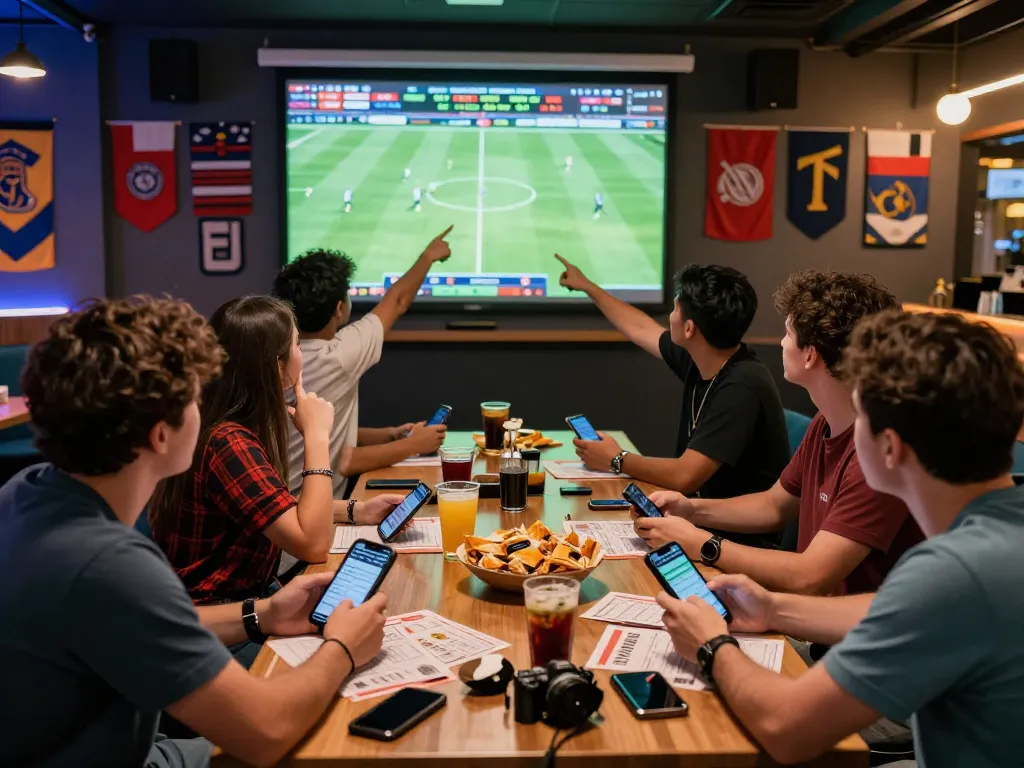 Fans enjoying a lively sports betting experience at 1gom with screens and betting slips