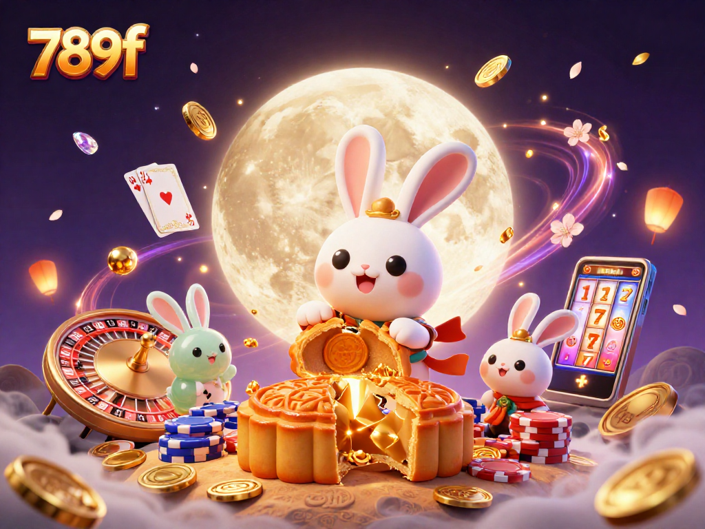 Win big at 789f as the moon rabbit reveals hidden poker chips and cascading coins.
