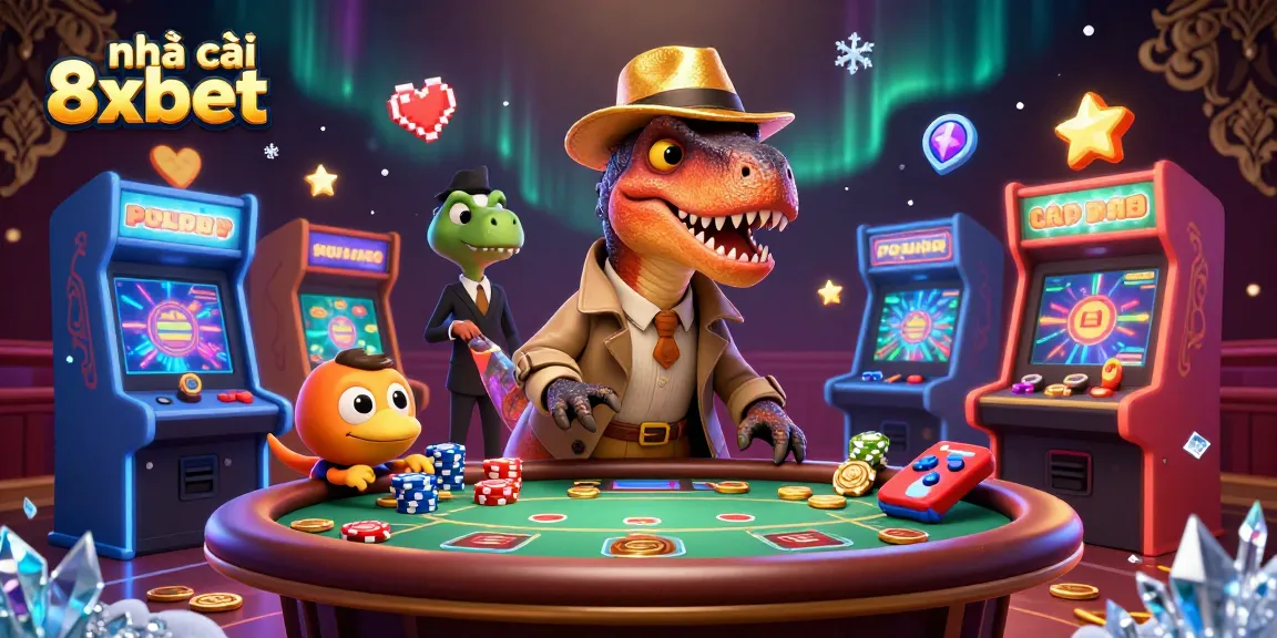 Engage with the thrilling action at nhà cái 8xbet's animated casino scene featuring cartoon dinosaurs with gaming elements.