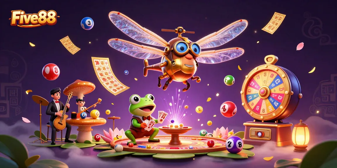 Experience Five88's vibrant casino scene with dragonfly pilot, frog croupier, and jazz musicians.