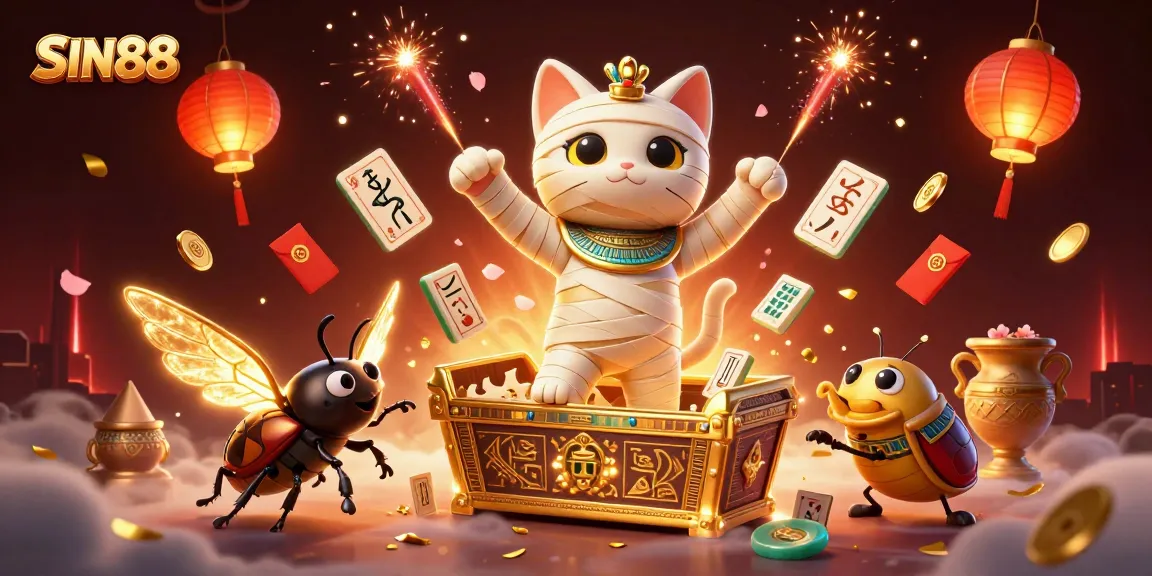 SIN88 showcases a thrilling pyramid casino scene with a mummy cat and vibrant gaming elements.