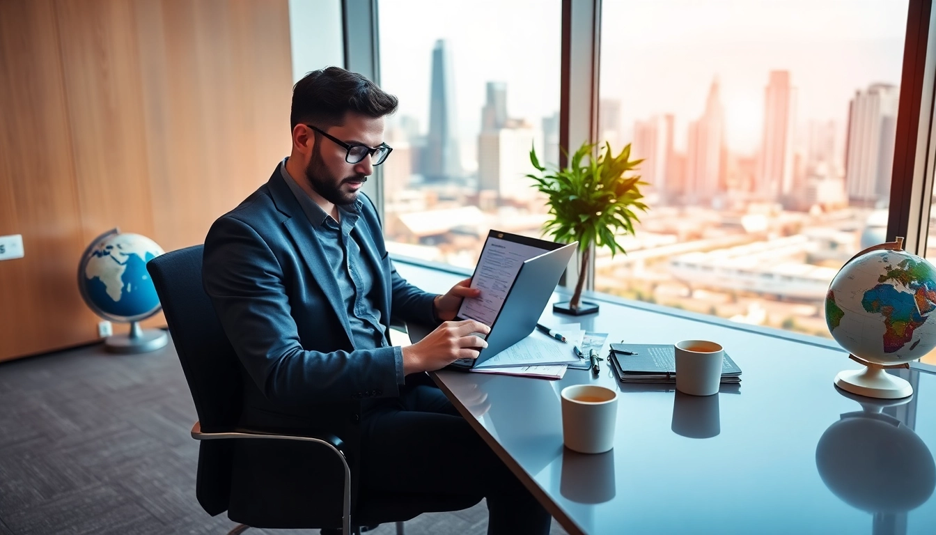 Complete your eta application uk efficiently with a traveler at a modern desk.