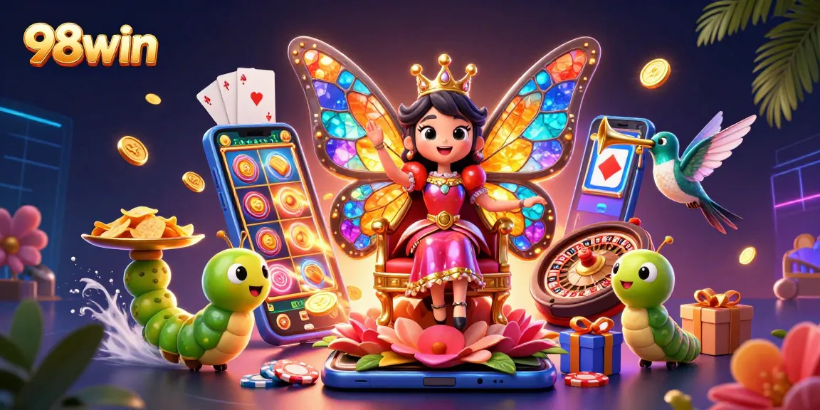 Experience thrilling gameplay with 98win as the butterfly queen and caterpillars celebrate casino fun.